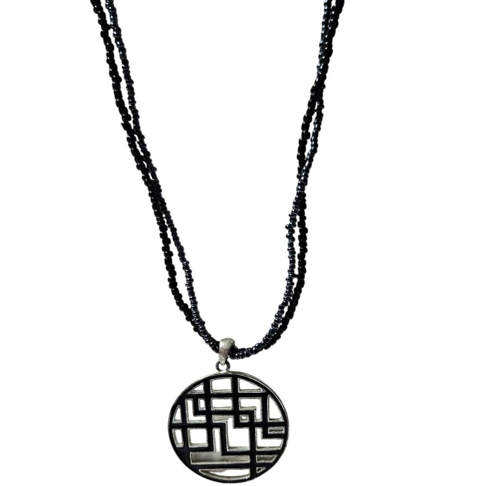 Boho Chic Black Beaded Geometric Pendant Necklace Statement Fashion Jewelry